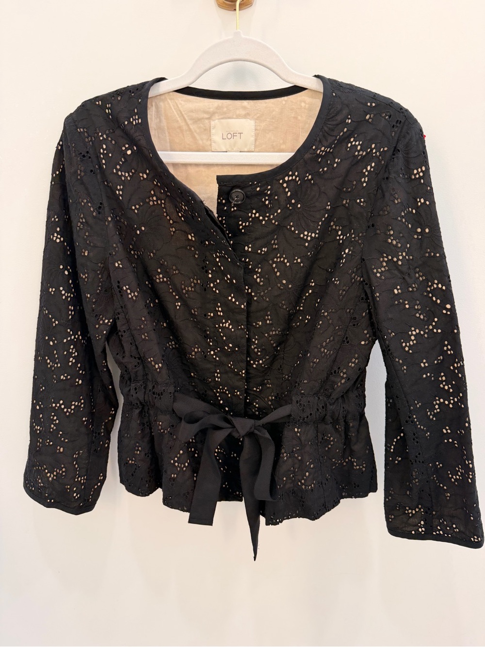 LOFT Black Eyelet Tie-Waist Blouse